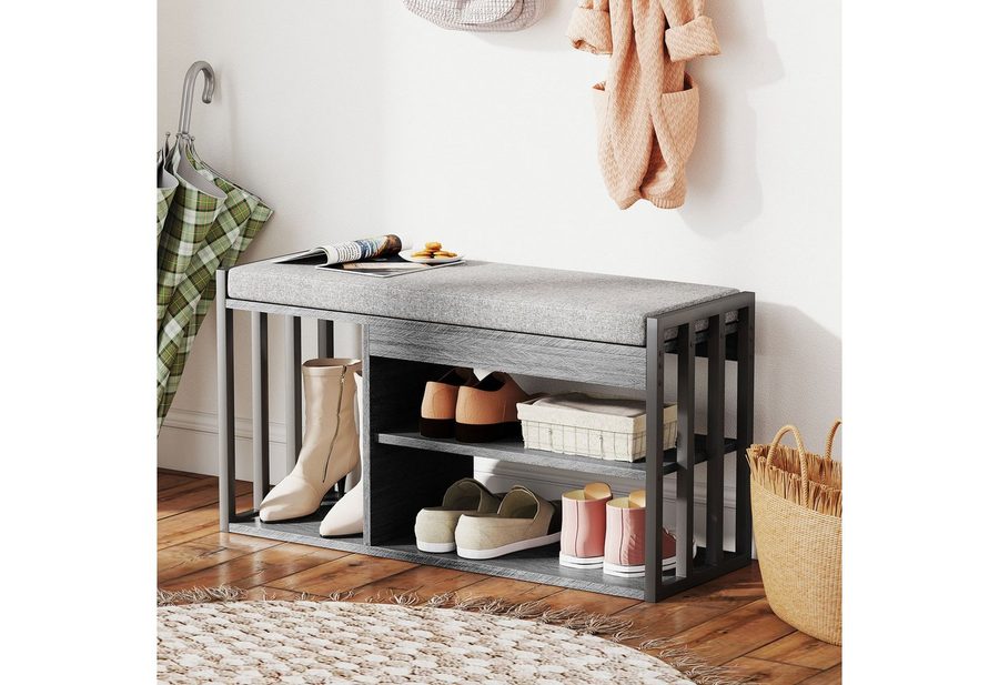 HOMCOM Schuhbank Schuhregal mit Sitzfläche mit Stauraum, 3 Fächer (Flurbank, 1-St., gepolstert Sitzbank), für Wohnzimmer, Flur, 86 x 30 x 45,4 cm, Grau von HOMCOM