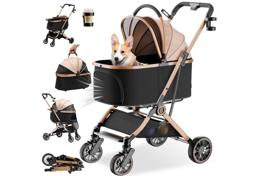 COMHOMA Hundebuggy Hundewagen klappbar bis 25KG, 4-in-1 Faltbar Katzenwagen, 180° verstellbaren Markise und Getränkehaltern von COMHOMA