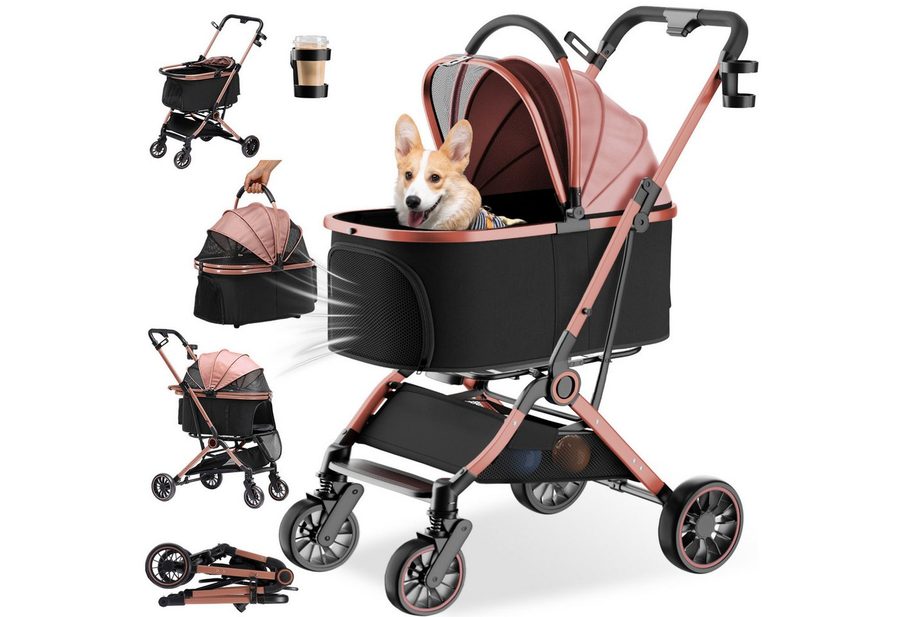 COMHOMA Hundebuggy Hundewagen klappbar bis 25KG, 4-in-1 Faltbar Katzenwagen, 180° verstellbaren Markise und Getränkehaltern von COMHOMA