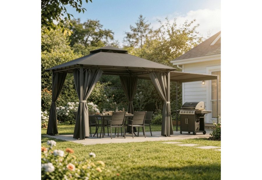HOMALL Pavillon Extend Grillpavillon, mit 1.8m ausklappbarer Seitenveranda, mit 4 Seitenteilen, (Ausziehbarer Seitenmarkise flexibel verstellbare Schattenflächen), Verstellbarer Pavillon 3–4,7 m, mit Moskitonetz für 6-10 Personen von HOMALL