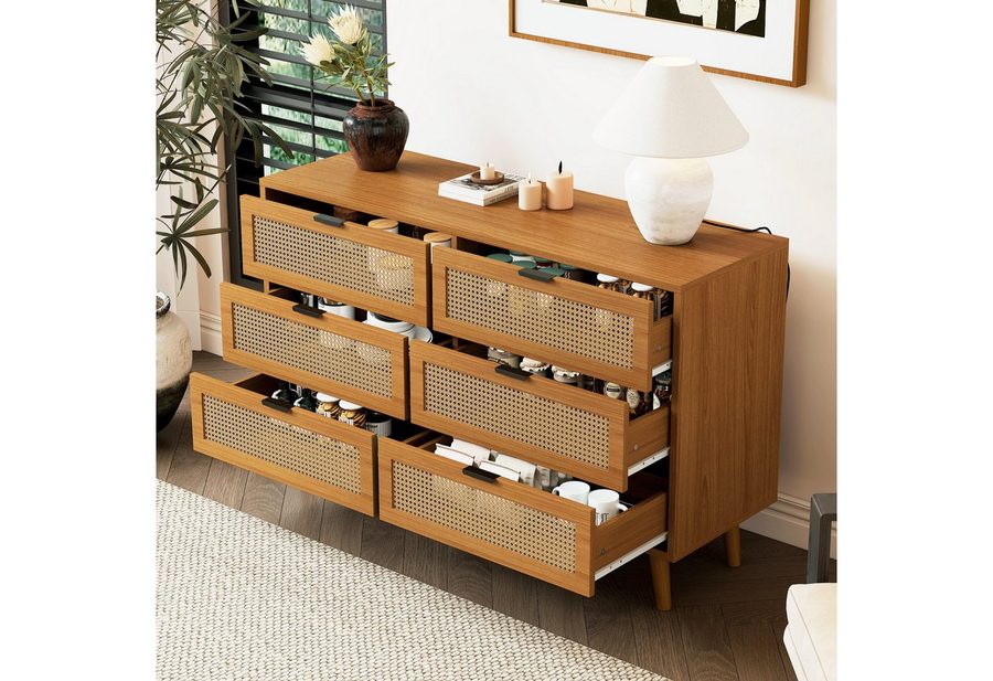 Flieks Kommode mit 6 Schubladen Rattan (B120/H76,5/T40 cm, 1 St), Sideboard Schubkastenkommode Aufbewahrungsschrank, Massivholzbeine von Flieks