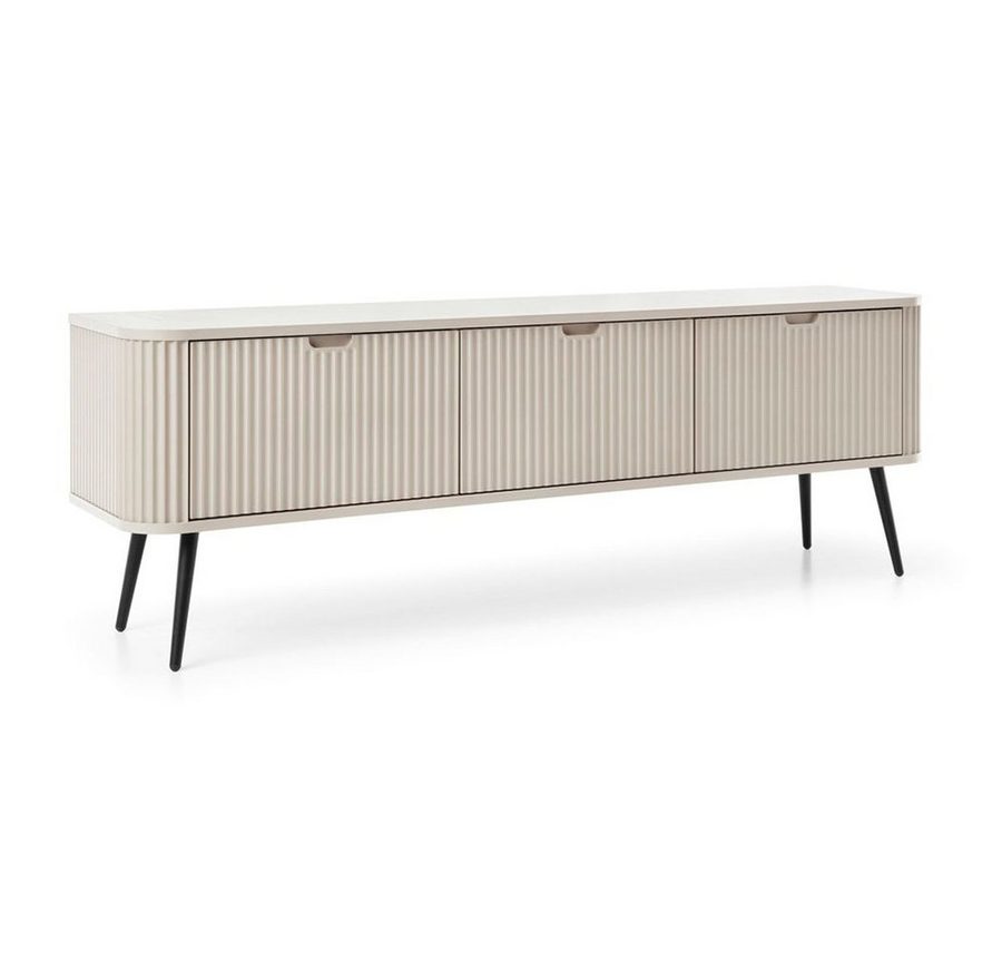 Lomadox Lowboard ZARA-160, in Kaschmir beige mit Rillen gerillt Füße Metall schwarz 168x56x39 cm