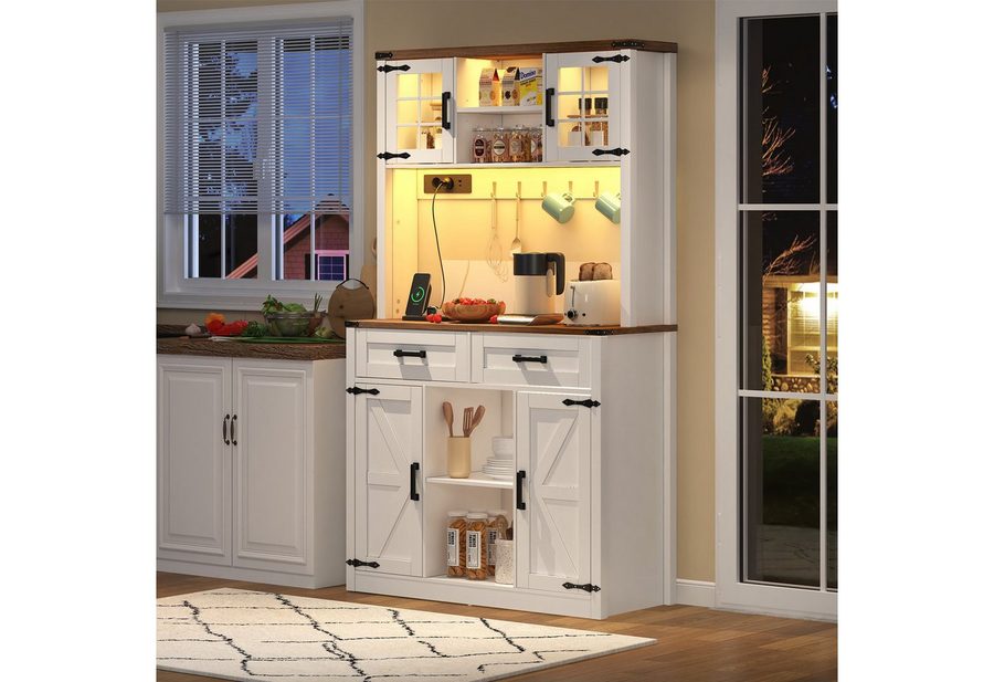 Flieks Küchenbuffet mit LED-Beleuchtung, Steckdosen und Haken (1-St., B100/T40/H172 cm) Hochschrank Küchenschrank Geschirrschrank mit verstellbare Ablagen von Flieks