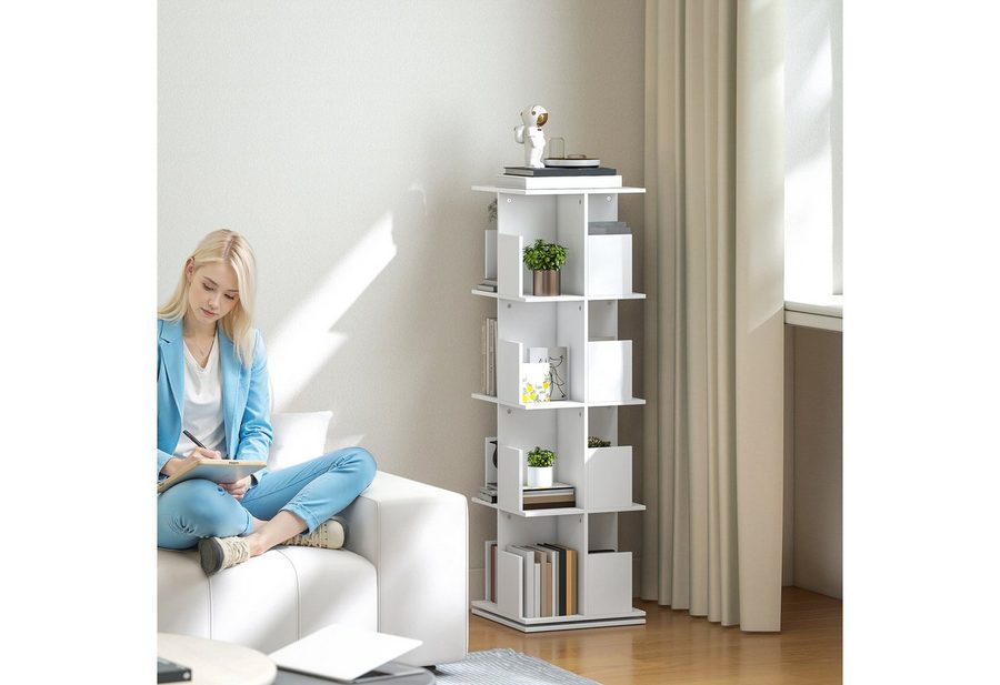 HOMCOM Bücherregal Dekoregal Regal 4 Ebenen, 16 Fächern für Schlafzimmer, Wohnzimmer, Standregale 1-tlg., 360° drehbare Basis, Weiß von HOMCOM