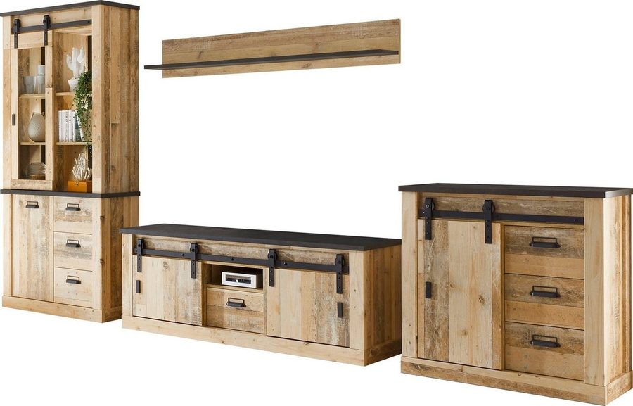Home affaire Wohnwand Sherwood, Anbauwand im Industrial-Style, Komplettset, Wohnzimmer-Set, (4-St), enthält Vitrine, Lowboard, Kommode & Wandboard, 388 cm breit