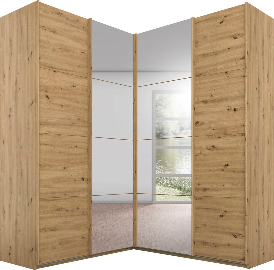 rauch Schwebetürenschrank Schrank Garderobe Eckkleiderschrank QUADRA Front in Dekor/Hochglanz (in den Höhen 210/229 cm, inkl. Soft-Close-Funktion) großer Eckschrank mit viel Stauraum, Maß 181x187 cm MADE IN GERMANY
