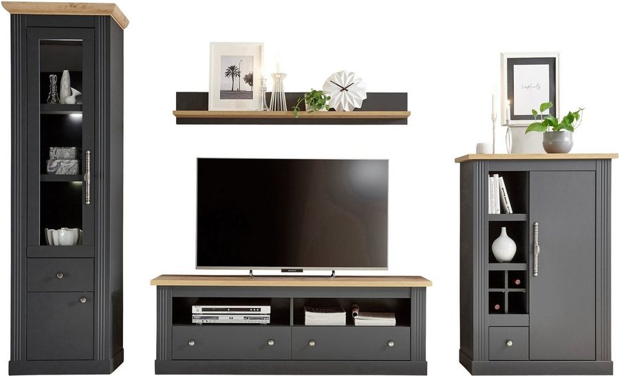 OTTO home Wohnwand Westminster, Anbauwand im Landhausstil, Komplettset, Wohnzimmer-Set, (Set, 4-St), Set besteht aus 1 Vitrine, 1 Lowboard, 1 Kommode und 1 Wandregal