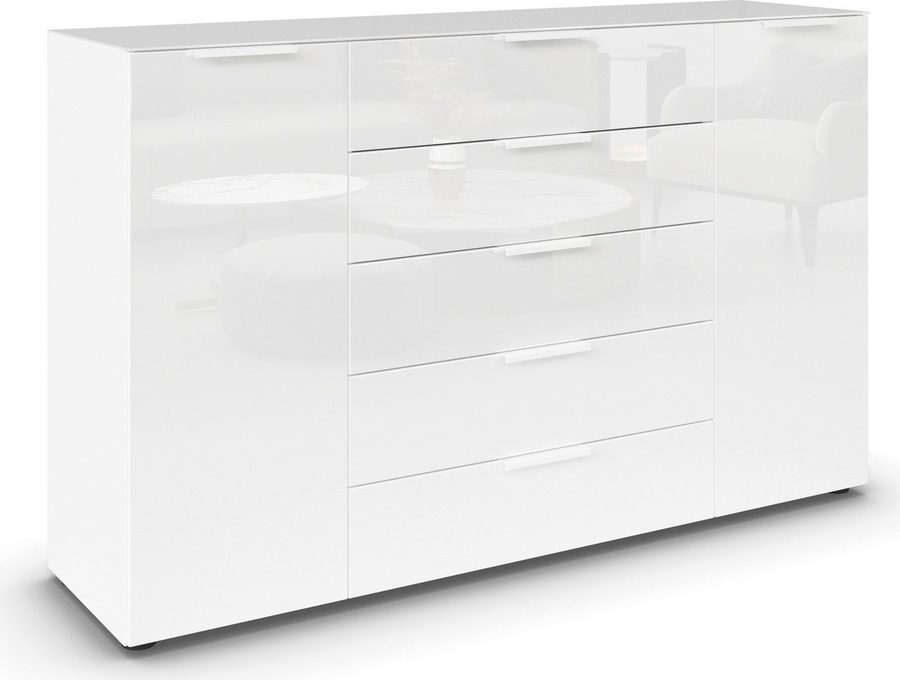rauch Schubkastenkommode Kommode Türkommode Sideboard Kombikommode FLIPP mit Glasfront (Breite 160/180 cm mit 4 Einlegeböden), 2-türig, 5 Schubladen, Soft-Close, Oberboden und Front Glas, 2 Breiten von Rauch
