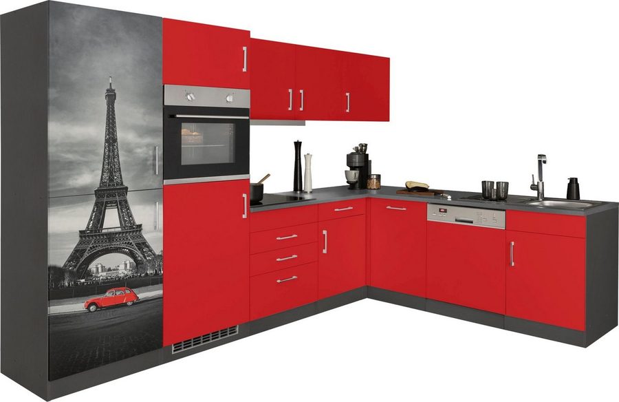 KOCHSTATION Küchenzeile KS-Paris â€“ Küchen mit einzigartigen Fotomotiven auf den Fronten, Stellbreite 290/220 cm, wahlweise mit E-Geräten und Induktion