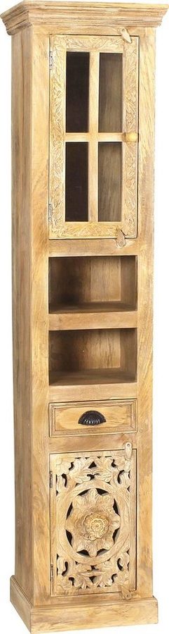 SIT Hochschrank Danzig aus Mangoholz mit 1 Tür, 1 Glastür & Schublade Kunstvolle Schnitzereien und Glastür als stilvolle Highlights
