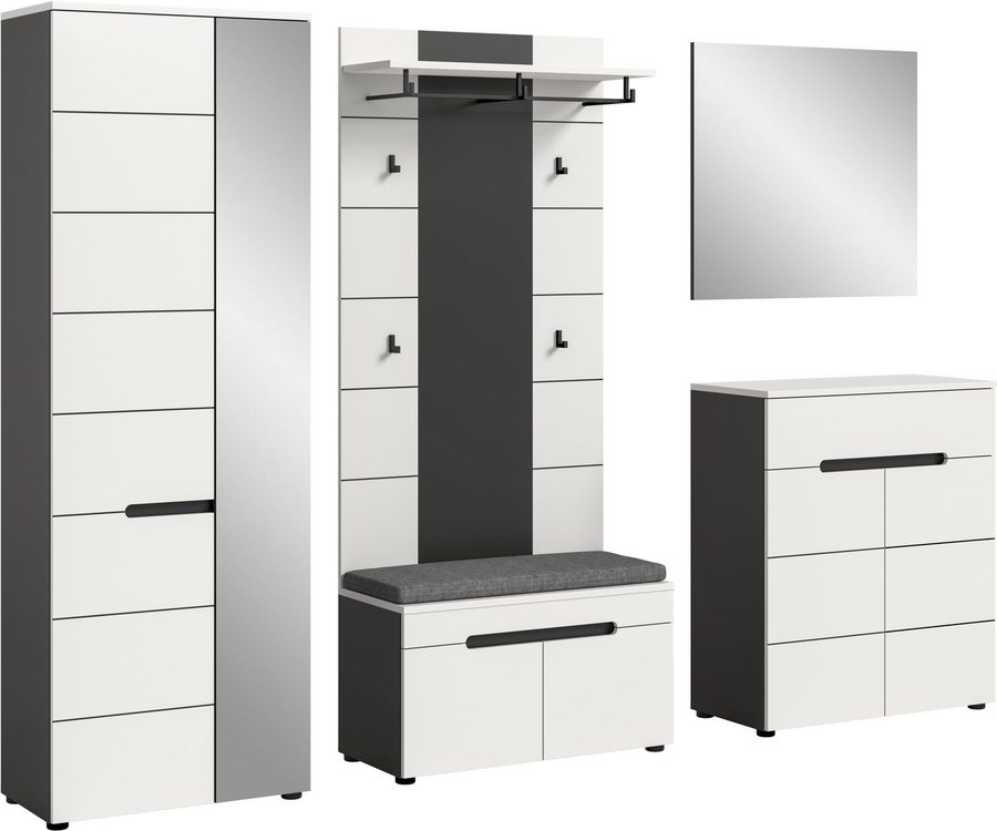 Home affaire Garderoben-Set REHAT, TOPSELLER!, 5-teilig, Breite 255 cm, individuell erweiterbar, (Set, 6-St., bestehend aus: Schrank, Sitzbank, Sitzkissen, Paneel, Spiegel, Kommode), Garderobenkombination, Kombination, Set, Flurgarderobe, Diele