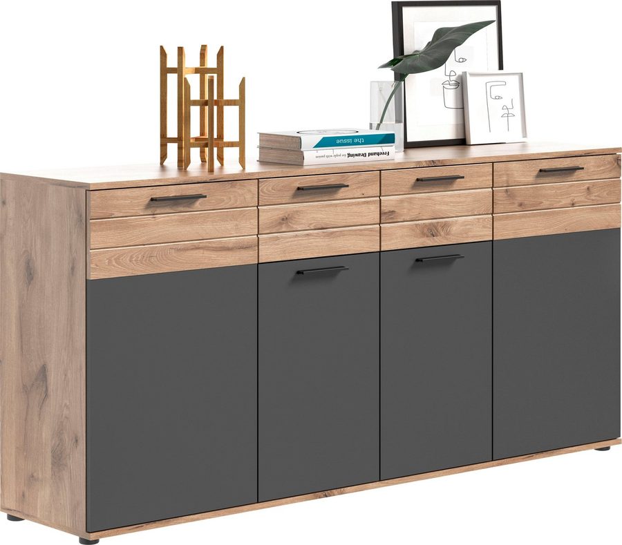 Home affaire Sideboard Riga, Breite 180cm, 4 Türen, 2 Schubkästen, 6 Einlegeböden, 10 Fächer, hochwertige Rillenfräsung, mit Softclose, Kommode, Anrichte, Schrank von home affaire