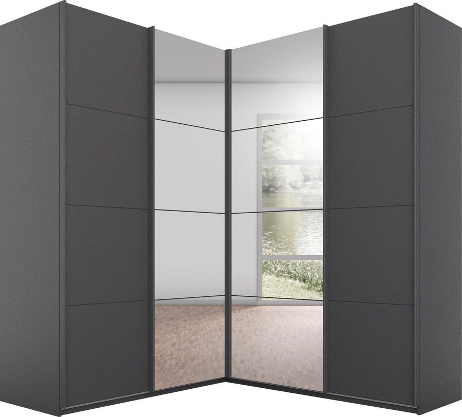 rauch Schwebetürenschrank Schrank Garderobe Eckkleiderschrank QUADRA Front in Dekor/Hochglanz (in den Höhen 210/229 cm, inkl. Soft-Close-Funktion) großer Eckschrank mit viel Stauraum, Maß 181x187 cm MADE IN GERMANY