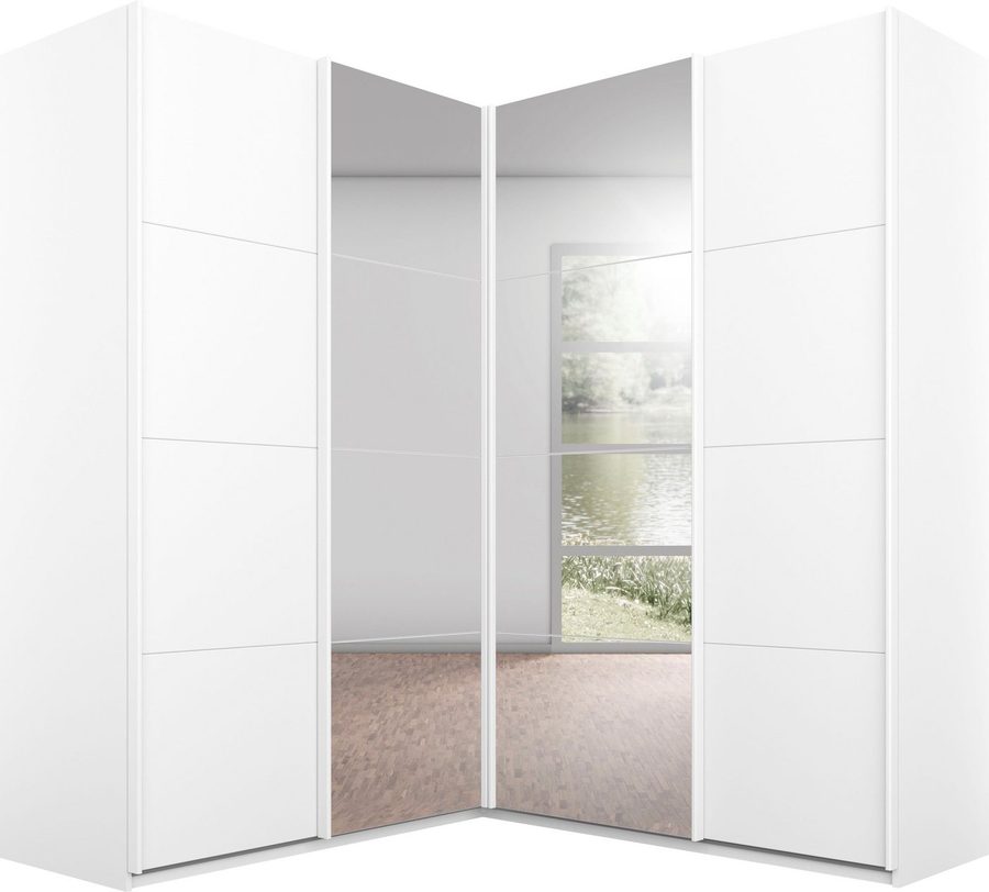 rauch Schwebetürenschrank Schrank Garderobe Eckkleiderschrank QUADRA Front in Dekor/Hochglanz (in den Höhen 210/229 cm, inkl. Soft-Close-Funktion) großer Eckschrank mit viel Stauraum, Maß 181x187 cm MADE IN GERMANY