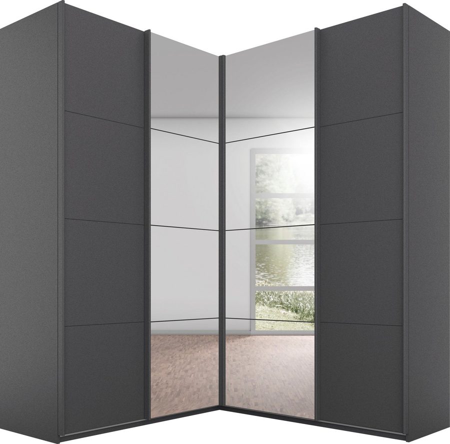 rauch Schwebetürenschrank Schrank Garderobe Eckkleiderschrank QUADRA Front in Dekor/Hochglanz (in den Höhen 210/229 cm, inkl. Soft-Close-Funktion) großer Eckschrank mit viel Stauraum, Maß 181x187 cm MADE IN GERMANY