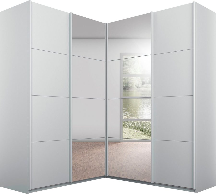 rauch Schwebetürenschrank Schrank Garderobe Eckkleiderschrank QUADRA Front in Dekor/Hochglanz (in den Höhen 210/229 cm, inkl. Soft-Close-Funktion) großer Eckschrank mit viel Stauraum, Maß 181x187 cm MADE IN GERMANY