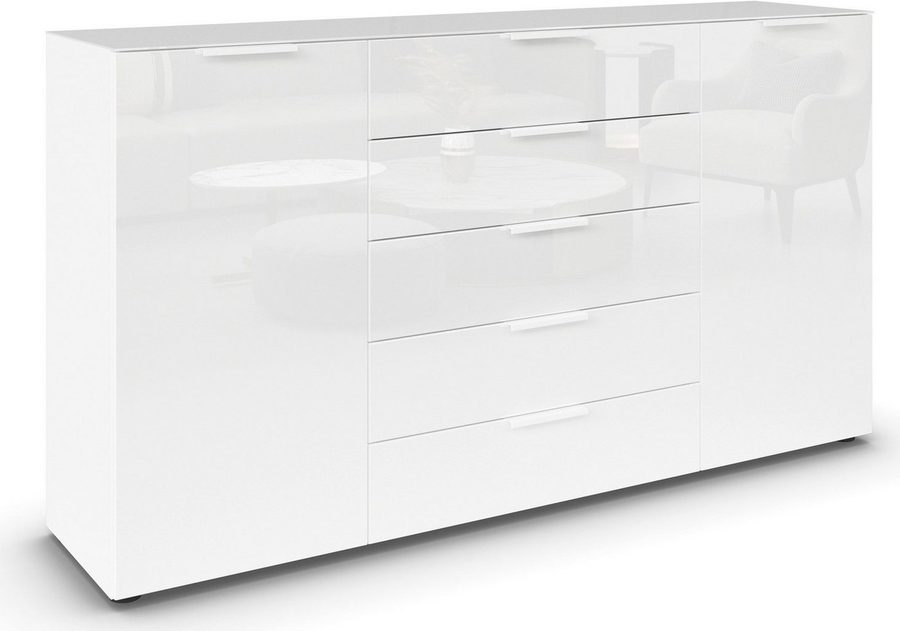 rauch Schubkastenkommode Kommode Türkommode Sideboard Kombikommode FLIPP mit Glasfront (Breite 160/180 cm mit 4 Einlegeböden), 2-türig, 5 Schubladen, Soft-Close, Oberboden und Front Glas, 2 Breiten