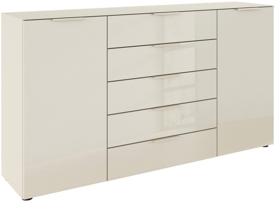 rauch Schubkastenkommode Kommode Türkommode Sideboard Kombikommode FLIPP mit Glasfront (Breite 160/180 cm mit 4 Einlegeböden), 2-türig, 5 Schubladen, Soft-Close, Oberboden und Front Glas, 2 Breiten