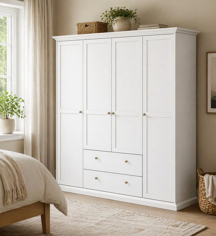 Home affaire Kleiderschrank Paris im Landhausstil mit viel Stauraum, B/HT ca. 180x200x65 cm 4 Türen, Böden, Stange & Schubladen für optimale Ordnung