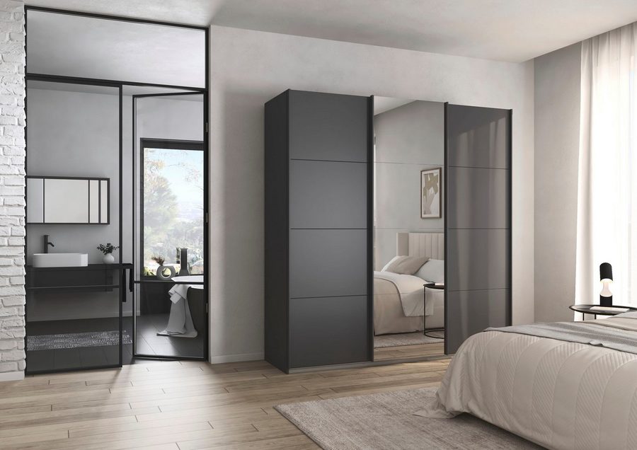 OTTO home Schwebetürenschrank Kleiderschrank Schrank Schlafzimmerschrank Garderobe AGORDO (Breiten 203/271/315/360 cm in drei Griff-Farben - NEU: Farbe SCHWARZ) Top Innenausstattung, in 4 Breiten und 2 Höhen MADE IN GERMANY