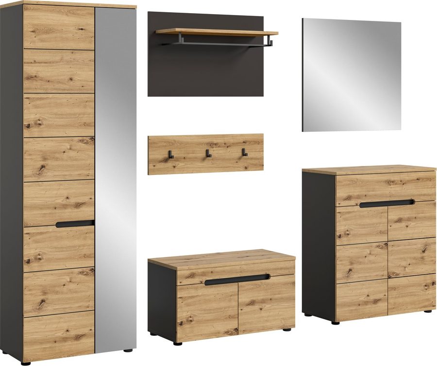 Home affaire Garderoben-Set Rehat, Garderobenkombination, Breite 255cm, (Set, 6-St., Garderobenschrank, Sitzbank, Paneel, Hakenleiste, Spiegel, Kommode), Garderobenkombination, Kombination, Set, Flurgarderobe, Diele