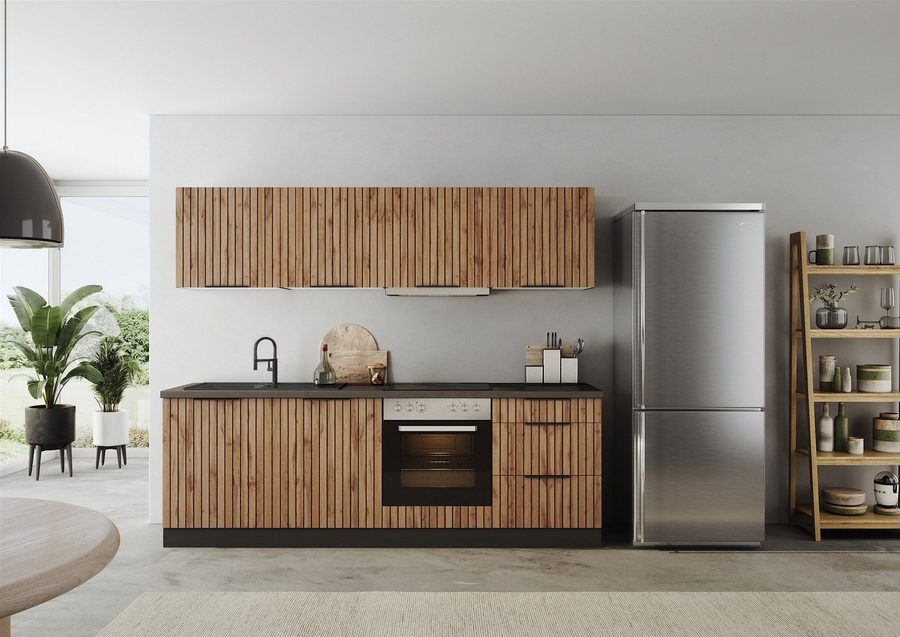 KOCHSTATION Küchenzeile KS-Lagos, Breite 240 cm,wahlweise mit E-Geräten, Spüle in edelstahl oder schwarz