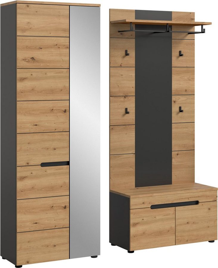 Home affaire Garderoben-Set REHAT, TOPSELLER!, 3-teilig, Breite 160 cm, individuell erweiterbar, (Set, 3-St., bestehend aus: Garderobenschrank, Sitzbank und Paneel), Garderobenkombination, Kombination, Set, Flurgarderobe, Diele