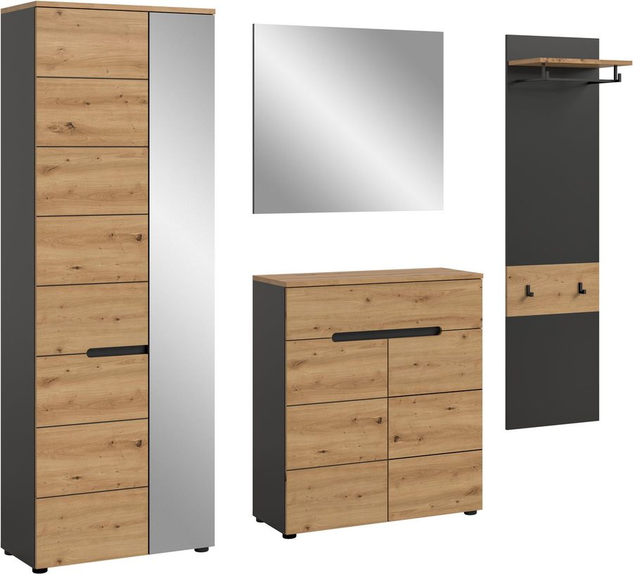 Home affaire Garderoben-Set REHAT, TOPSELLER!, 4-teilig, Breite 220 cm, individuell erweiterbar, (Set, 4-St., bestehend aus: Garderobenschrank, Kommode, Spiegel & Garderobenpaneel), Garderobenkombination, Kombination, Set, Flurgarderobe, Diele