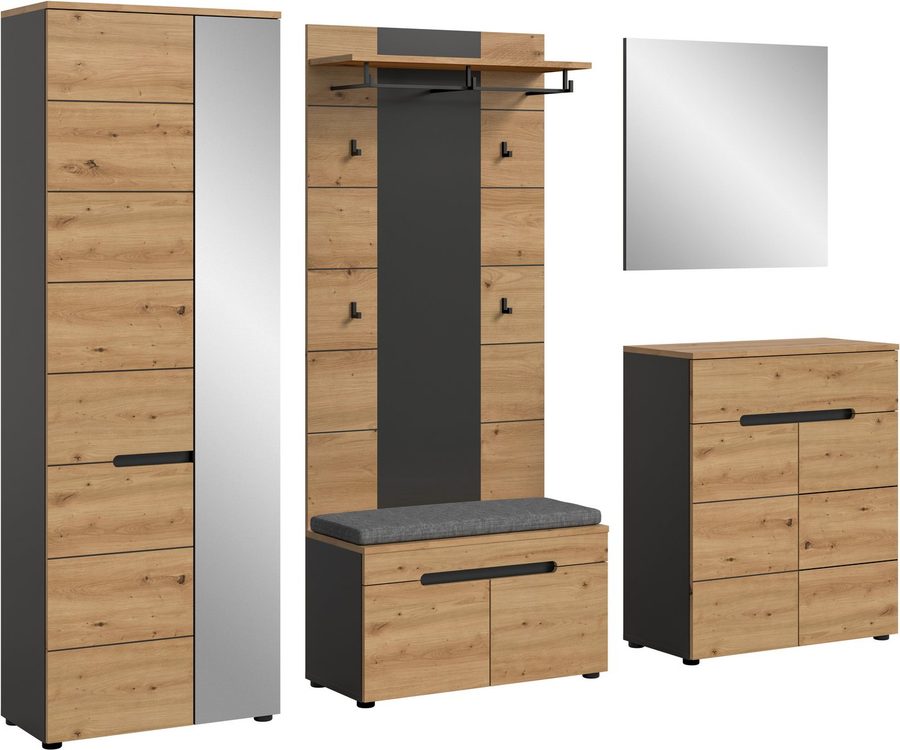 Home affaire Garderoben-Set REHAT, TOPSELLER!, 5-teilig, Breite 255 cm, individuell erweiterbar, (Set, 6-St., bestehend aus: Schrank, Sitzbank, Sitzkissen, Paneel, Spiegel, Kommode), Garderobenkombination, Kombination, Set, Flurgarderobe, Diele