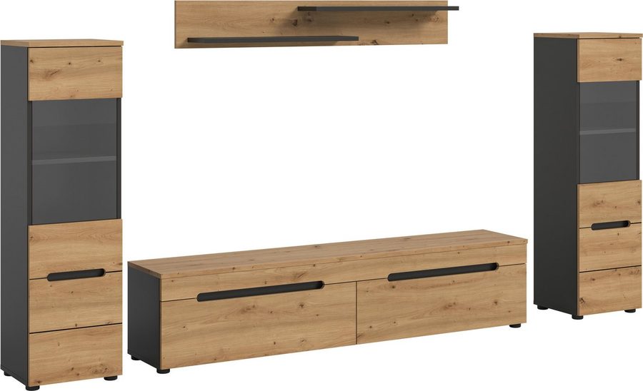 Home affaire Wohnwand REHAT, TOPSELLER!, 4-teilig, wahlweise stehend und hängend montierbar, (3-St., Set bestehend aus: 2x Vitrine, Lowboard und Wandboard), Kombination, Anbauwand, Set, Wohn-Set, Wohnzimmer-Set, Schrankwand