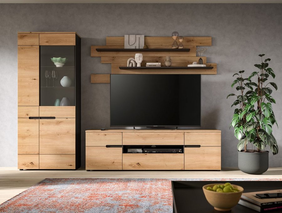 Home affaire Wohnwand REHAT, TOPSELLER!, 3-teilig, Breite 280 cm, individuell stellbar, (3-St., Set bestehend aus: Vitrine, Lowboard und Wandboard), Kombination, Anbauwand, Set, Wohn-Set, Wohnzimmer-Set, Schrankwand