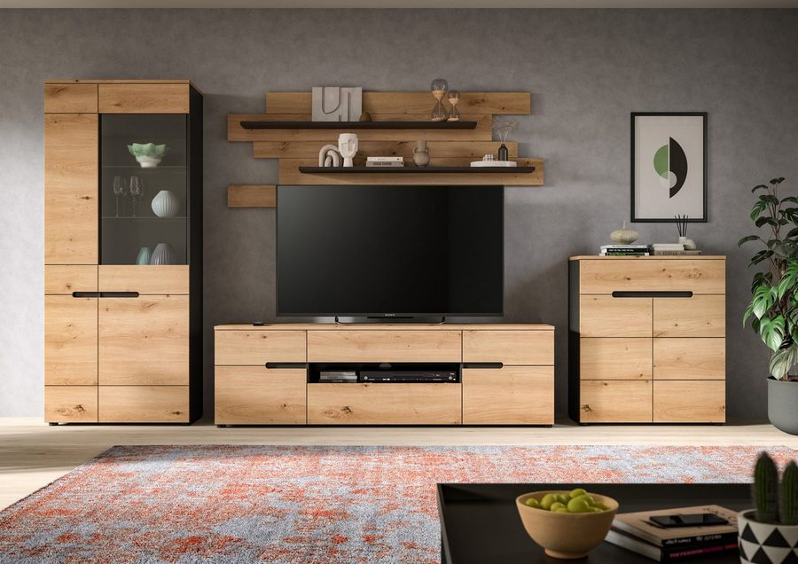 Home affaire Wohnwand REHAT, 4-teilig, Breite 375 cm, individuell stellbar, (4-St., Set bestehend aus: Vitrine, Lowboard, Wandboard und Kommode), Kombination, Anbauwand, Set, Wohn-Set, Wohnzimmer-Set, Schrankwand