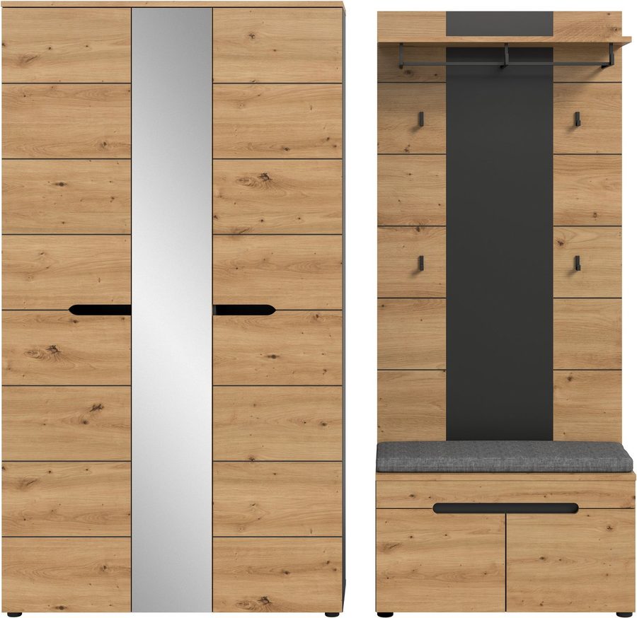 Home affaire Garderoben-Set REHAT, TOPSELLER!, 4-teilig, Breite 200 cm, individuell stellbar, (Set, 4-St., best. aus: Garderobenschrank, Sitzbank, Sitzkissen & Garderobenpaneel), Garderobenkombination, Kombination, Set, Flurgarderobe, Diele