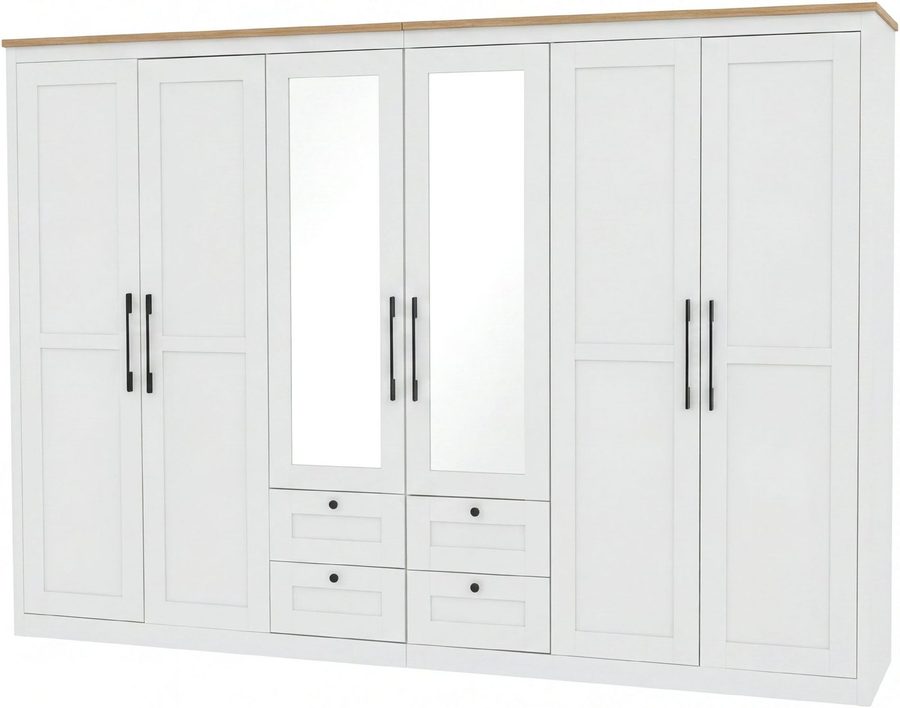 OTTO home Kleiderschrank Büsum Schlafzimmer Schrank mit 6 Türen und Spiegel (stabile robuste Bauweise mit optimaler Aufteilung - Breite 3m) Schlafzimmerschrank Landhaus Design Garderobe Schrank Bestseller