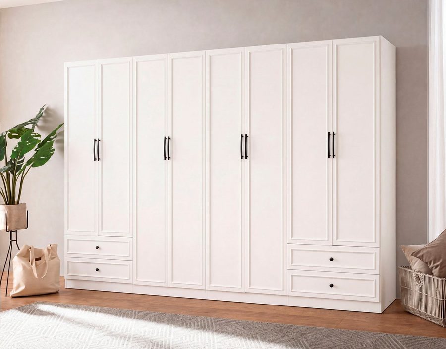 OTTO home Kleiderschrank Arrian 320 cm Weiß, 8-türiger Drehtürenschrank im Landhausstil (mit 4 Schubladen & Organizern, FSC Zertifiziert) XXL STAURAUM FÜR IHR ZUHAUSE