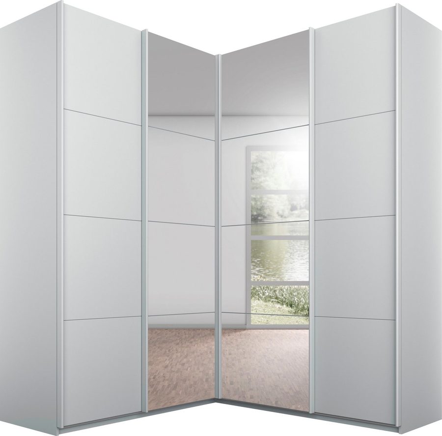 rauch Schwebetürenschrank Schrank Garderobe Eckkleiderschrank QUADRA Front in Dekor/Hochglanz (in den Höhen 210/229 cm, inkl. Soft-Close-Funktion) großer Eckschrank mit viel Stauraum, Maß 181x187 cm MADE IN GERMANY