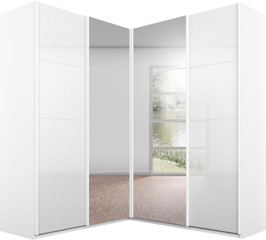 rauch Schwebetürenschrank Schrank Garderobe Eckkleiderschrank QUADRA Front in Dekor/Hochglanz (in den Höhen 210/229 cm, inkl. Soft-Close-Funktion) großer Eckschrank mit viel Stauraum, Maß 181x187 cm MADE IN GERMANY
