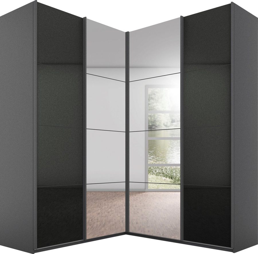 rauch Schwebetürenschrank Schrank Garderobe Eckkleiderschrank QUADRA Front in Dekor/Hochglanz (in den Höhen 210/229 cm, inkl. Soft-Close-Funktion) großer Eckschrank mit viel Stauraum, Maß 181x187 cm MADE IN GERMANY