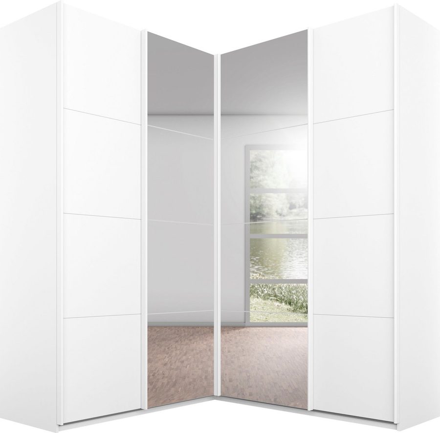 rauch Schwebetürenschrank Schrank Garderobe Eckkleiderschrank QUADRA Front in Dekor/Hochglanz (in den Höhen 210/229 cm, inkl. Soft-Close-Funktion) großer Eckschrank mit viel Stauraum, Maß 181x187 cm MADE IN GERMANY