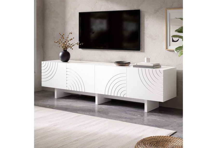 Merax Lowboard mit geometrischem Bogenmuster & Relief-Fronten (170 x 35 x 50 cm, 1 St), TV-Schrank mit 4 Türen, Mitteltrennwand & Kabeldurchlass von Merax