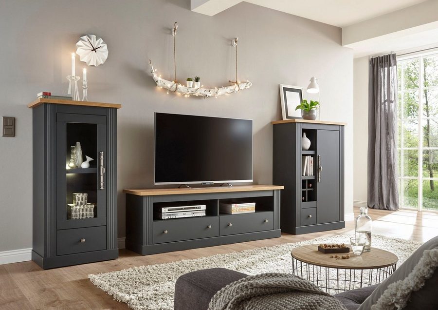 OTTO home Wohnwand Westminster, Anbauwand im Landhausstil, Komplettset, Wohnzimmer-Set, (Set, 3-St), Set besteht aus 1 Vitrine, 1 Lowboard und 1 Kommode
