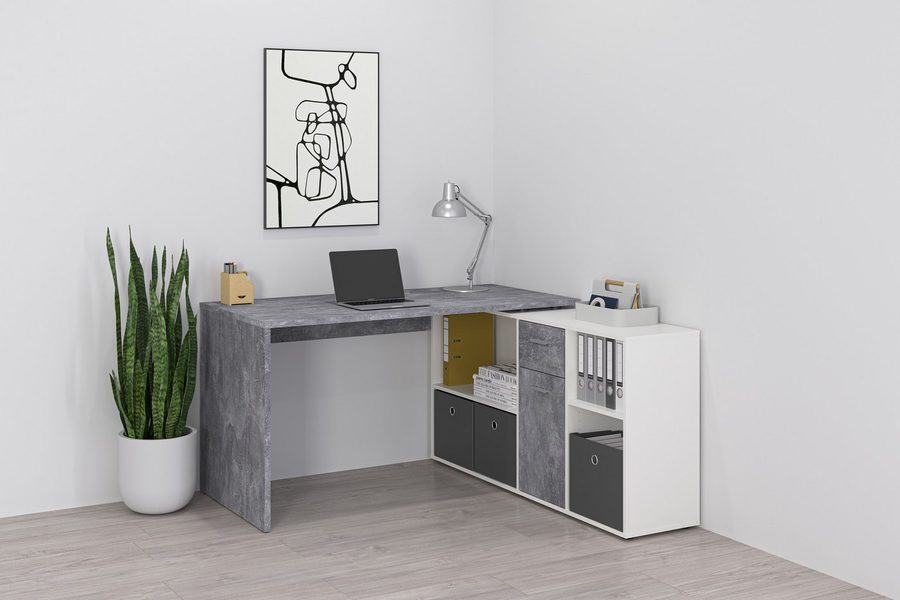 FMD Eckschreibtisch Lexo, Schreibtisch/Sideboard viel Stauraum, beidseitig montierb., 136/205 cm von FMD