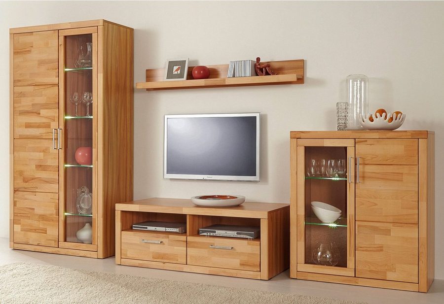 OTTO home Wohnwand Logo,Fronten Massivholz,Korpus Holzwekstoff,viel Stauraum, (Set, 4-St), B/T/H/: 90/42/190, Türen und Schubladen, bei TV Teil Kabeldurchführung