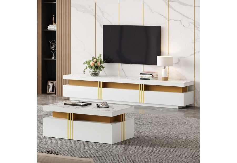 IDEASY Wohnzimmer-Set (2 St) Wohnzimmer Möbel, Moderner Luxus TV- Schrank und Couchtisch-Set, Marmorfurnier, geeignet für TVs bis 90", 200x40x42 cm & 100x50x40 cm