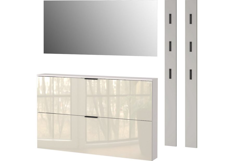 GERMANIA Garderoben-Set Valega, (4-St), Schuhschrank mit Glasfronten, Spiegel und zwei Garderobenpaneelen