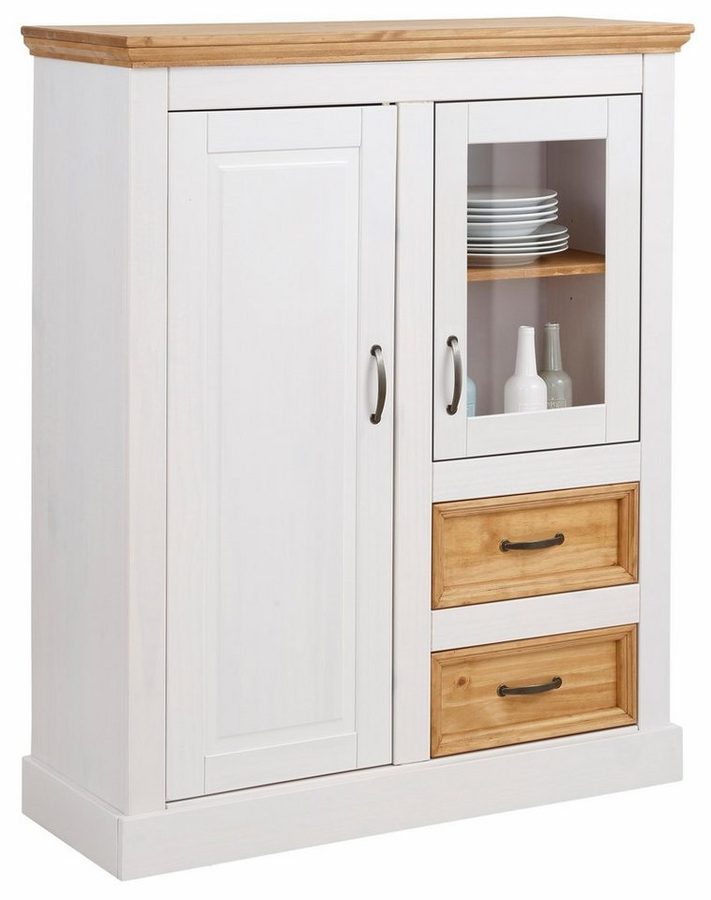 OTTO home Highboard Selma Vitrine mit 2 Türen, eine davon mit Glaseinsatz und 2 Schubläden, aus massivem Kiefernholz, mit einer natürliche Maserung, Metallgriffe von OTTO home