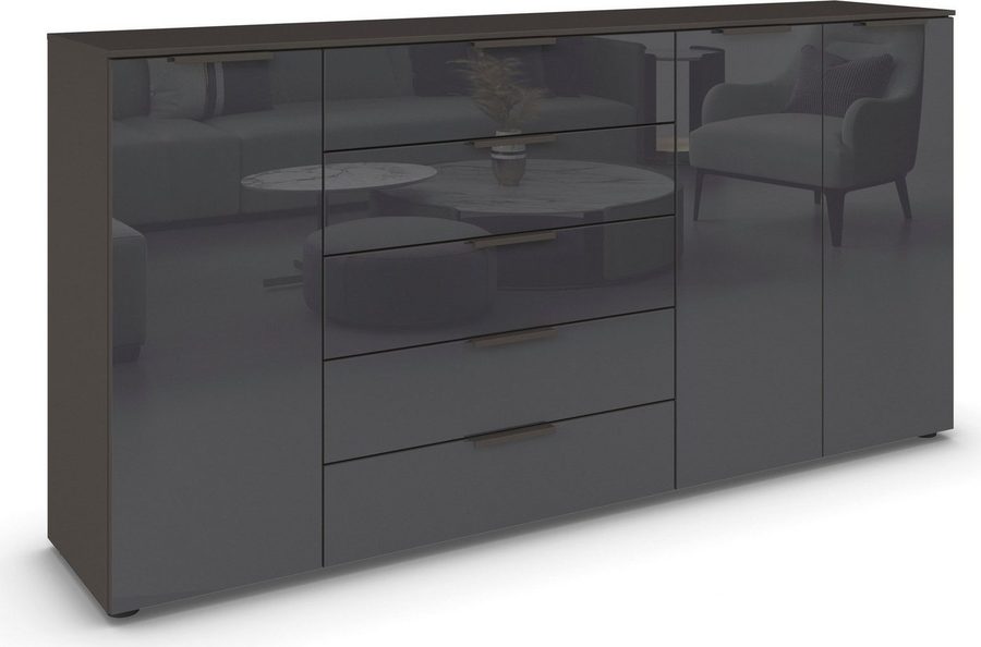 rauch Kombikommode Kommode Türkommode Sideboard Kombikommode FLIPP mit Glasfront (Breite 200 cm mit 4 Einlegeböden), 3-türig mit 5 Schubladen und Soft-Close-Funktion sowie Glasfront