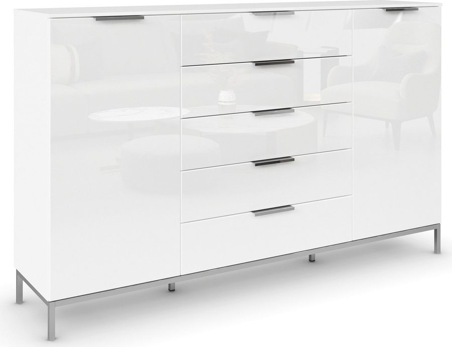 rauch Schubkastenkommode Kommode Türkommode Sideboard Kombikommode FLIPP mit Glasfront (Breite 160/180 cm mit 4 Einlegeböden), 2-trg mit 5 Schubladen und Soft-Close-Funktion, Glasfront, 2 Breiten