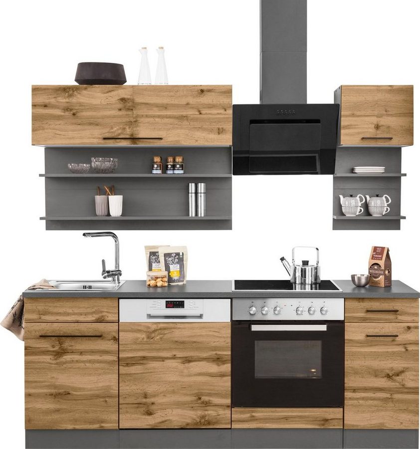 KOCHSTATION Küchenzeile KS-Tulsa, mit E-Geräten, Breite 210 cm, schwarze Metallgriffe, MDF Fronten