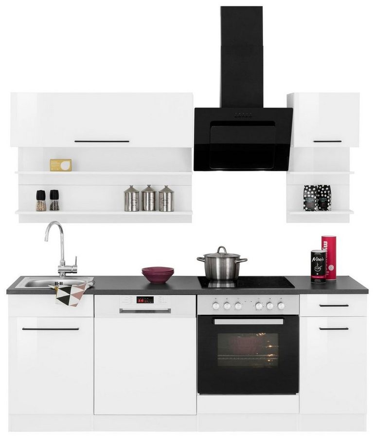 KOCHSTATION Küchenzeile KS-Tulsa, mit E-Geräten, Breite 210 cm, schwarze Metallgriffe, MDF Fronten